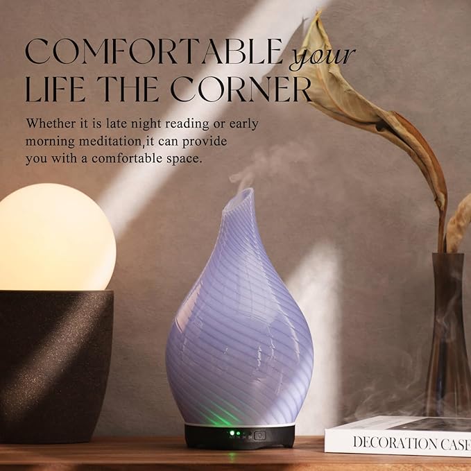 Porseme 280ml Essential Oil Diffuser Glass Color Changing Aroma Air Diffusers Aromatherapy Ultrasonic Cool Mist Humidifier 7 Running Hours Waterless Auto-Off for Sleeping, Yoga, Spa (Pure Purple)