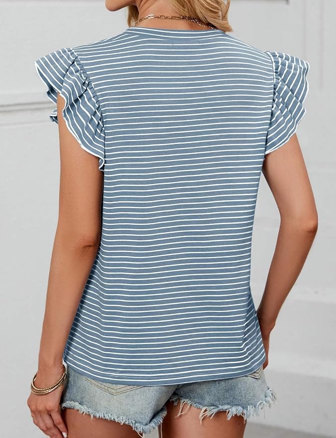 JUSTFASHIONNOW Womens Summer Tops Striped T-Shirts 2026 Ruffle Short Sleeve Crew Neck Casual Blouses with Pocket
