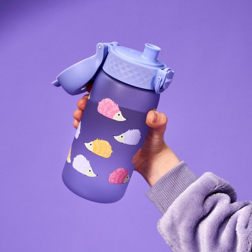 Ion8 Small Water Bottle, 350 ml/12 oz, Leak Proof, Easy to Open, Secure Lock, Dishwasher Safe, BPA Free, Carry Handle, Hygienic Flip Cover, Easy Clean, Odor Free, Carbon Neutral, Purple, Hedgehog