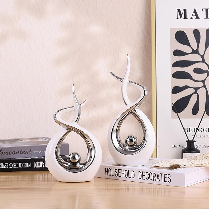 Silvery Modern Sculpture Table Decorations, Ceramic Knick Knacks Statues for Living Room Decor, Tv Stand and Desk Decor, Suitable for Coffee Tables and Shelf Decorations, Great Gift Idea