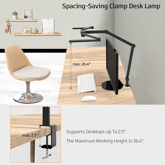 EPABINA LED Desk Lamp with Clamp, 41.5" Clamp on Architect Desk Lamp for Home Office, 24W Bright Tall Computer LED Table Light Adjustable Overhead Clip on Office Lighting for Work Craft