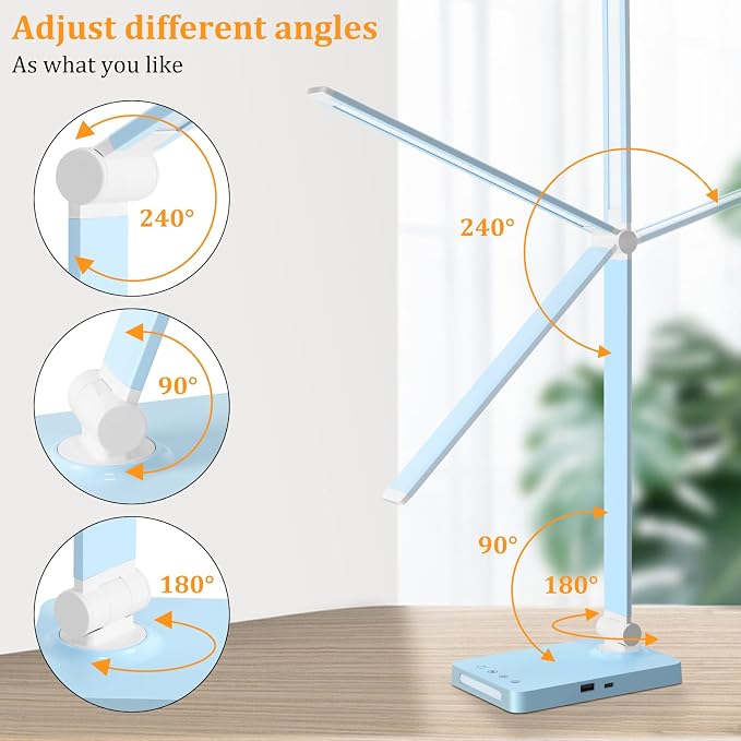 LED Desk Lamp with USB Ports,Touch Desk Lamps for Home Office with 5 Modes | 3 Brightness Desk Light with Small Night Light,Reading Lamp Table Lamp for Bedroom Bedside Study Blue (with adapter)