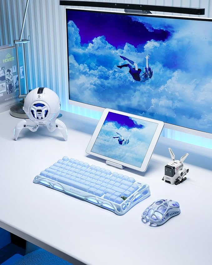 GravaStar Mercury K1 75% Wireless Mechanical Gaming Keyboard RGB Backlit | Gasket Mount, Hot Swappable Linear Switches, Creamy Sound Keyboard, 2.4GHz/USB-C/Bluetooth 5.0, for Win/Mac【Ice Blue】
