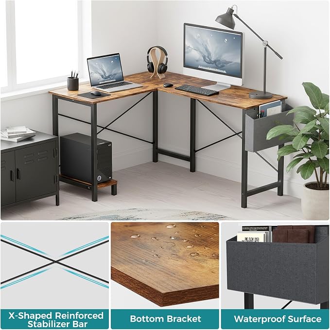 OLIXIS L Shaped Desk, 50-Inch Office Computer Gaming Desks Corner PC Table with Side Bag and Reversible Shelf for Home Work Study Writing Rustic Brown | Side Bag, Reversible Shelf, Home Work Study Writing, PC Workstation, Easy Assembly, Rustic Brown