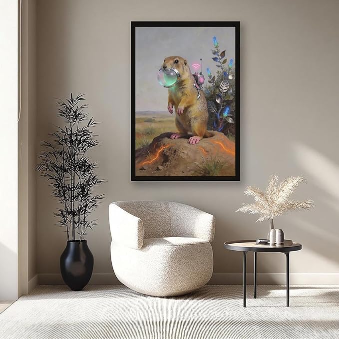 Framed Steampunk Mechanical Prairie Dog Wall Art - Retro-Futuristic Wilderness Poster for Living Room Game Room Decor 08x12in