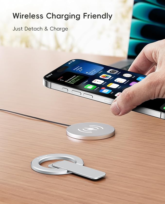 Double-Sided Magnetic Phone Stand Grip, Strong Magnetic Kickstand Desk Holder for Mag&Safe and Smartphone, Foldable Adjustable Design, Silver