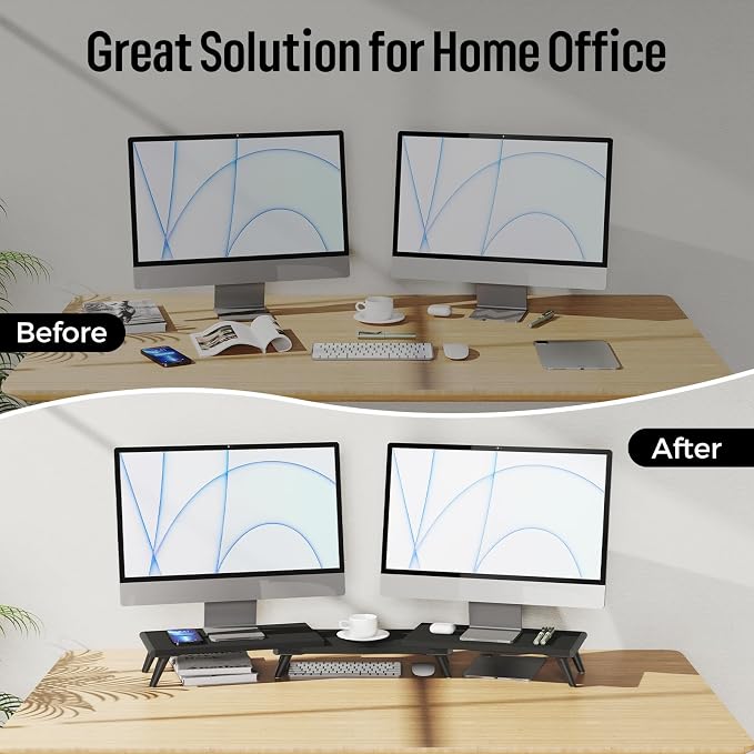 loukin Dual Monitor Stand Riser for Desk, 43.6"*8.2"*3.2" Large Computer Stand for 2 Monitors, Laptop, Printer, Length and Angle Adjustable Computer Shelf, Home Office,Max 43.6" Length(Black)