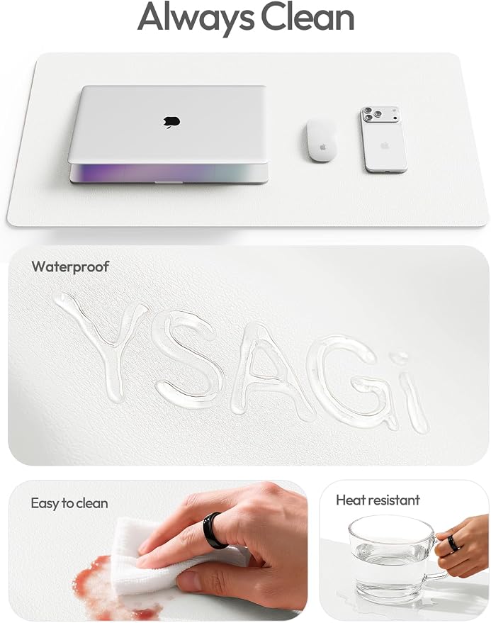 YSAGi Desk Protector&Blotter, Non-Slip Waterproof Leather Mouse Pad | Shields Scratches, Stains, Spills, Heat & Scuffs; Suede Non-Slip; Easy-Clean; Comfy Writing/Typing,31.5" x 15.8", White