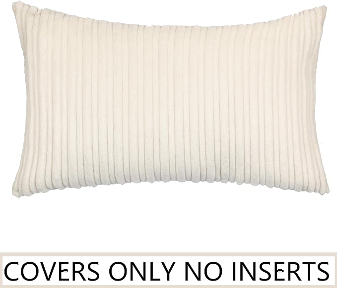 UGASA 12x24 Inch Pillow Cover Pack of 1 Soft Boho Stripe Corduroy Long Rectangular Lumbar Cushion Cover Farmhouse Decorative Throw Pillowcase for Bed, Couch, Sofa, Bedroom, Living Room, Cream