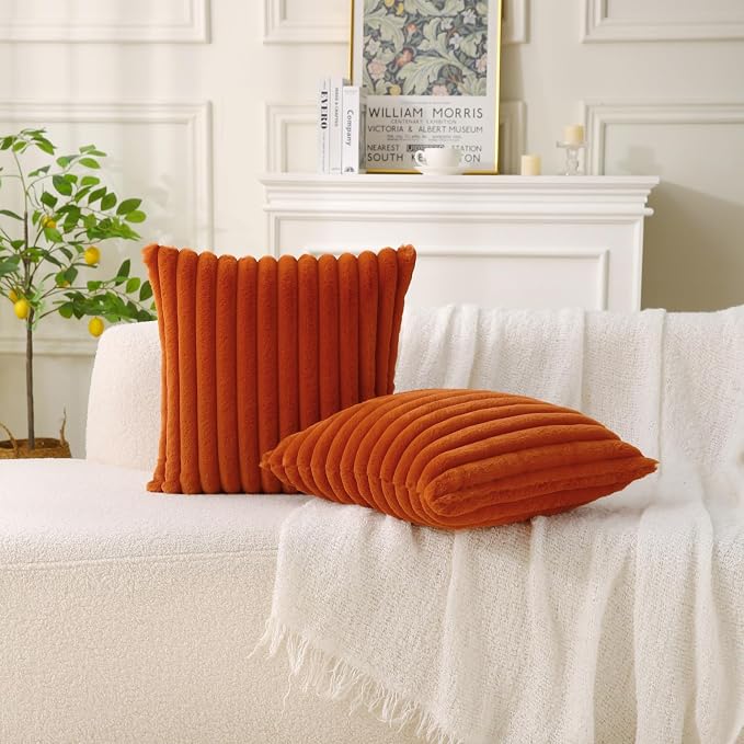 Decorative Throw Pillow with Inserts, Set of 2 Soft Faux Fur Throw Pillows, Square Boho Striped Pillow for Couch, Bed, Sofa Decor (Brownish-Orange, 20" x 20"(Pack of 2))