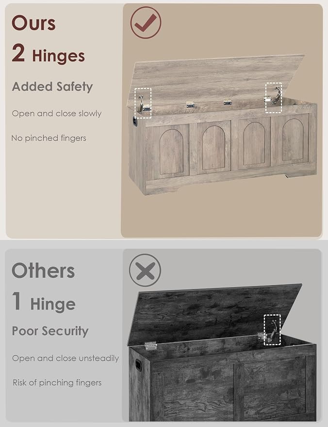 Storage Chest, Wooden Toy Box, Greige 50.0" L | Extra Large Storage Bench, 2 Soft-close Hinges, Finger-safe Flip-Top Lid, Easy Assembly, Farmhouse Trunk, Living Room/Bedroom