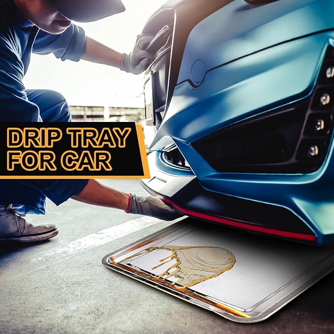 2 Pcs Stainless Steel Oil Drip Pan for Under Car 23.6 x 15.8 Inch Automotive Oil Change Pan Silver Rust Resistant Motorcycle Drip Tray Replacement Tray for Garage Floor