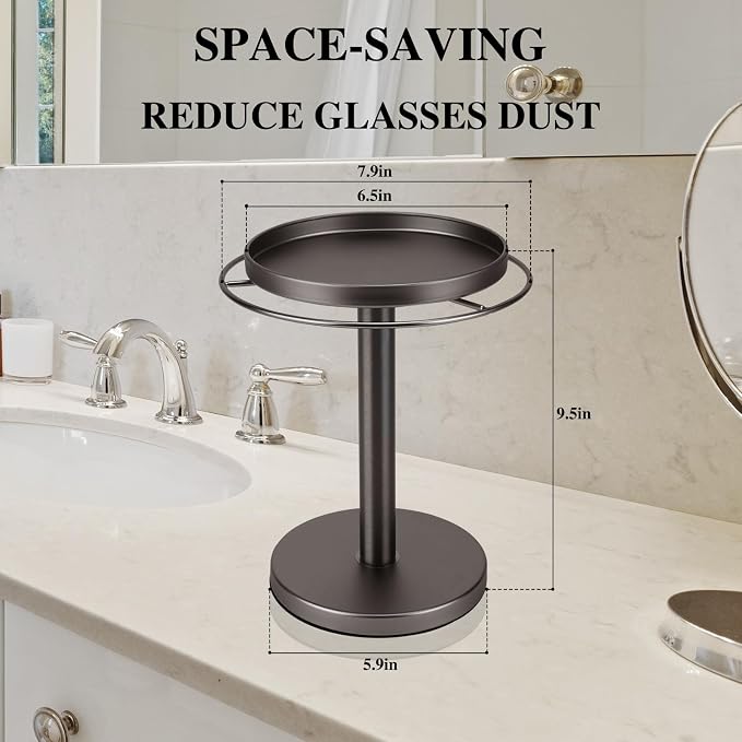 kondyfayo 360 Rotating Sunglass Organizer Glasses Holder (Titanium Black) | Stainless Steel Stand with 360 Rotation Holds 9 to 12 Pairs. Top Tray Stores Rings, and Keys for Desk, Dresser, Nightstand