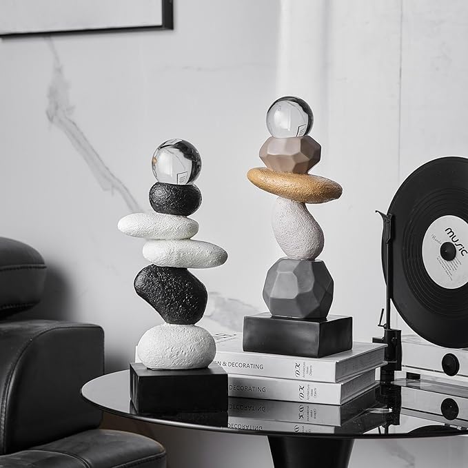 FJS Modern Fake Stone Sculpture Decor for Living Room, Black and White Stacked Statue for Coffee Table Centerpiece, Resin Sculptures for TV Stand Shelf Bookshelf Decorations, Gifts for Good Luck