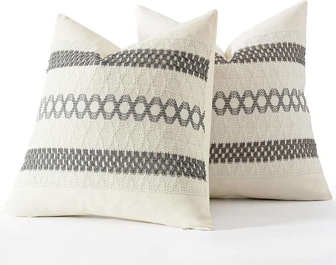 MIULEE Set of 2 Gray Boho Decorative Pillow Covers 18x18 Inch | Farmhouse Couch Throw Pillows, Modern Spring Cotton Cushion Covers, Macrame Woven Home Decor for Bed Sofa Chair