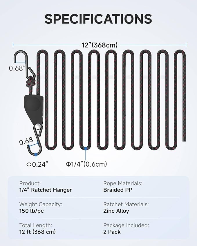 Fondwell 1/4" Tie Downs Ratchet Straps: 2 Pack of Adjustable Grow Light Rope Hangers - Mini Ratchet Straps for Various Hanging and Strapping