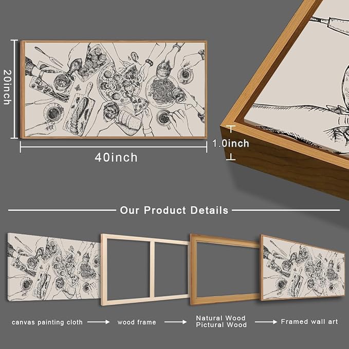 BINCUE Large Framed Wall Art Food and Drink Canvas Wall Decor Pizza Cheers Sketch Painting Retro Canvas Wall Art for Kitchen Dining Room Restaurant Used for Gatherings Decor
