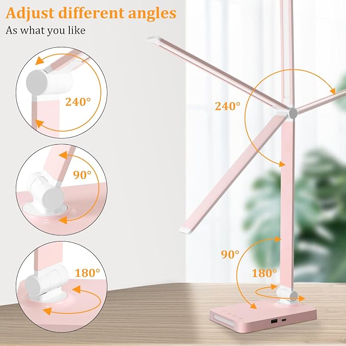 LED Desk Lamp with USB Ports,Touch Desk Lamps for Home Office with 5 Modes | 3 Brightness Desk Light with Small Night Light,Reading Lamp Table Lamp for Bedroom Bedside Study Pink (with adapter)