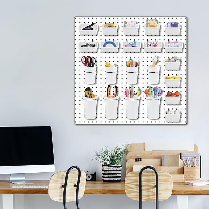 Sieral 64 Pieces Pegboard Bins Pegboard Cups with Hooks and Loops Peg Hooks Assortment Organizer Accessory for Organizing Accessories Tools Storage Office Workshop Garage Workbench (White)