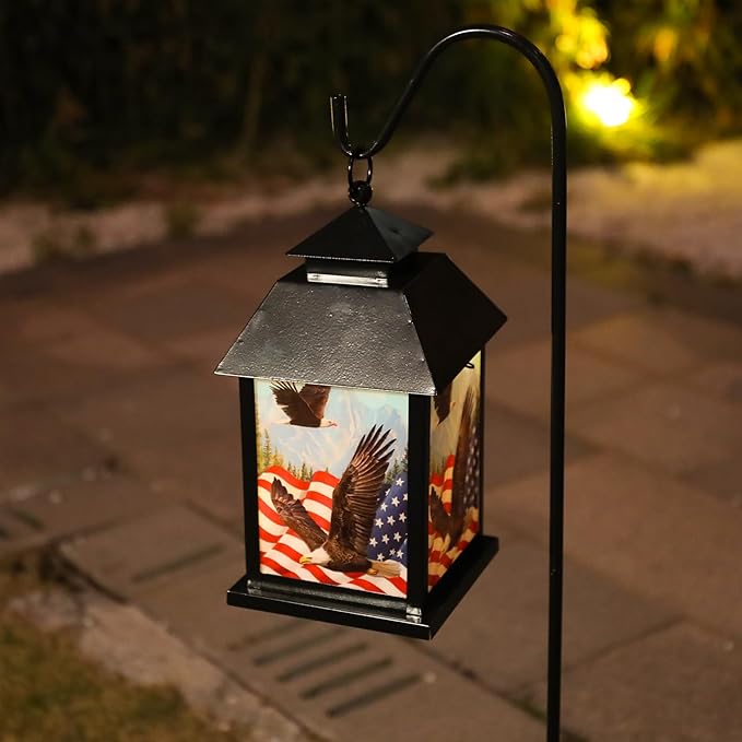 Afirst Solar Lantern Outdoor, Hanging Lights Decorative American Flag Outdoor Lighting Waterproof Umbrella Lights for Patio Garden, Table,Party Decor(Included Shepherd Hook)