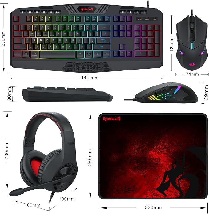 Redragon S101-3 Wired RGB Backlit Gaming Keyboard and Mouse Combo, Programmable Keyboard and Mouse (800-7200DPI), Gaming Headset Mouse Pad Combo All in 1 PC Gamer Bundle for Windows PC (Black)