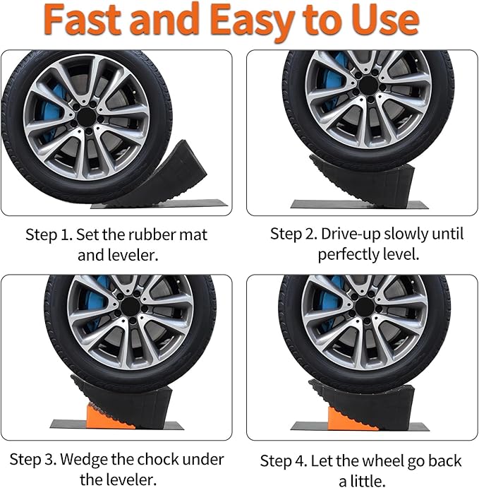 OULEME Raised Tire Change Ramp, Curved Leveling Blocks, for RV Camper Trailer Tire Lifts up to 6" with Wheel Chock, Rubber Pad, Dual Axle Tandem Wheel Aid (1 Pack)