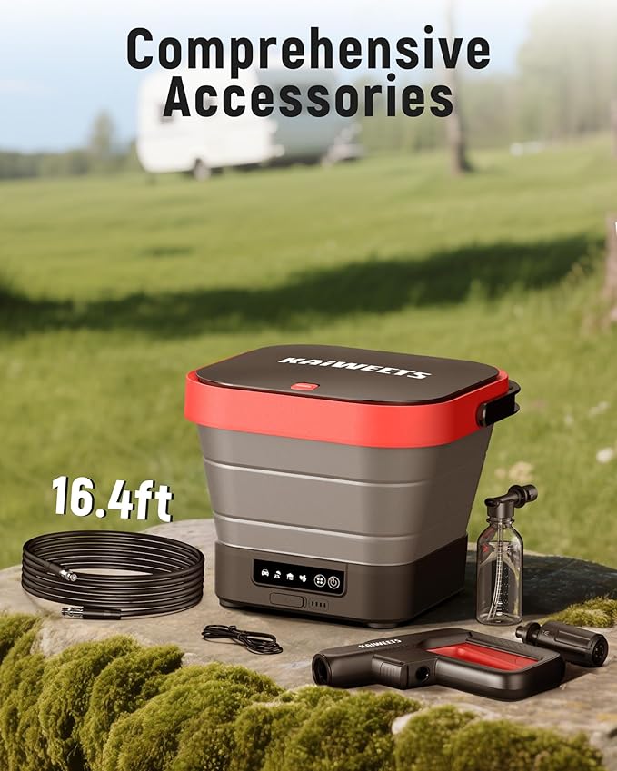 KAIWEETS Portable Electric Pressure Washer Rechargeable with 12L Tank, Foldable Power Washer Cordless with 5 in 1 Nozzle, Max 220PSI, Type-C Charging, 16FT Hose, for Camping, Patio, Bike, Pet Cleaning