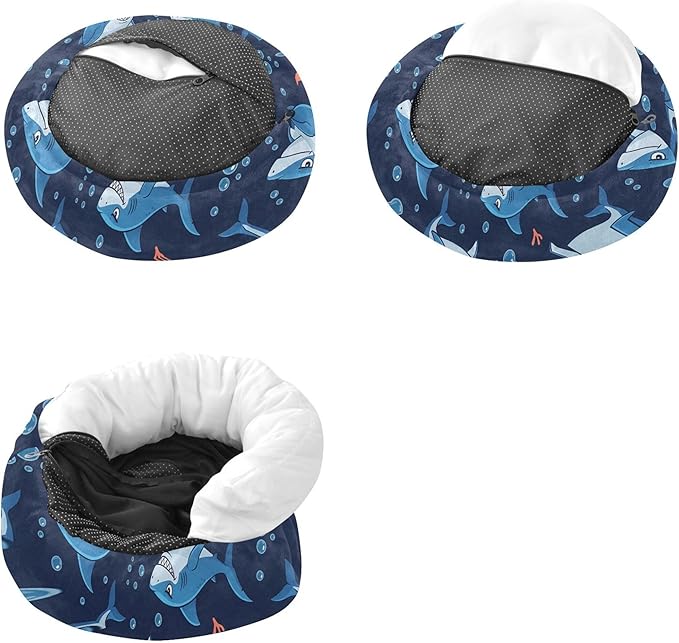 Burbuja Sharks Donut Pet Bed, Calming Soft Dog Bed with Anti-Slip Bottom, Round Cuddler Support for Dogs & Cats, Washable 16 in