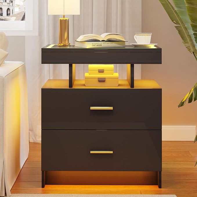 LED Nightstand with Wireless Charging Station,Black Night Stand with 2 Drawers,Glass Top Smart Bedside Table,Modern End Table Side for Bedroom,Living Room,Office