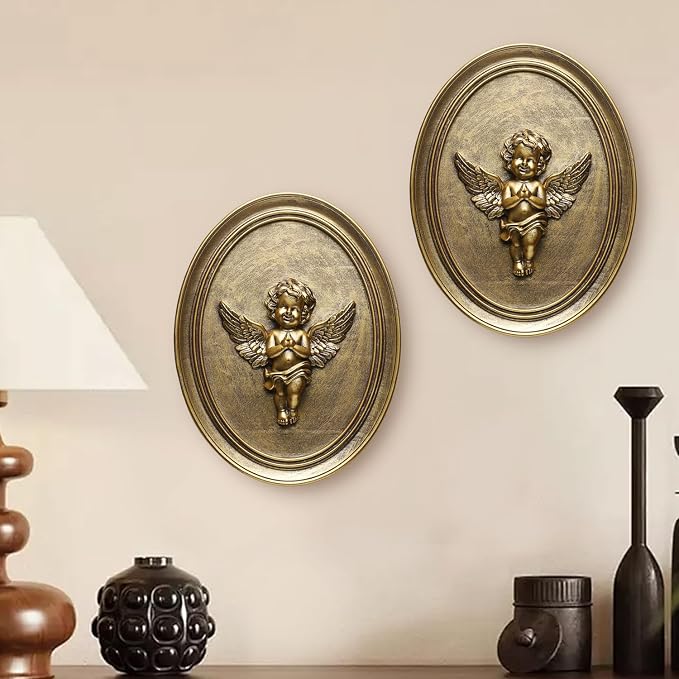 Newinhome Vintage Cherub Wall Sculptures Set of 2 Antique Wall Decor Oval Aesthetic Room Decor Vintage Decoration for Living Room Hallway and Bedroom (Gold Cherubs)