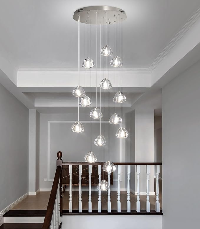 LED Glam Chandelier 118 inches Long Light Luxury Crystal Ceiling Chandeliers Remote Dimmable High Ceiling Pendants Lighting Fixtures Brushed Nickel 15 Lights