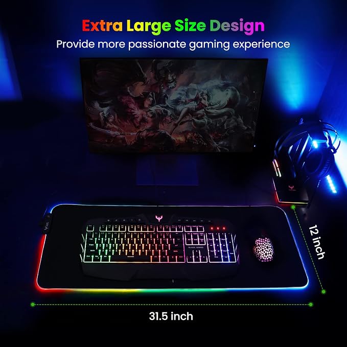 BladeHawks RGB Gaming Mouse Pad Extra Large Extended 31.5x12 Inch-Black | LED mouse pad with 14 lighting modes, covers keyboard & mouse, anti-slip rubber base, waterproof surface, USB powered