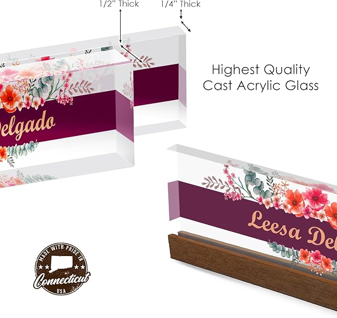 Artblox Personalized Office Desk Name Plate and Business Card Holder | Clear Acrylic Glass with Teak Wood Stand | Wild Flowers Design Customized with Your Name and Credentials Office Desk Decor