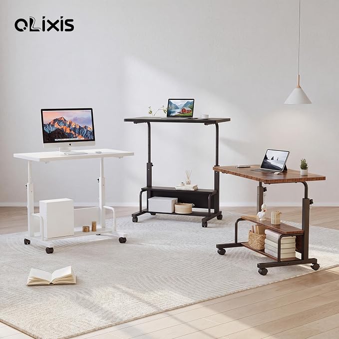 OLIXIS Rolling Desk, Storage Shelves, Laptop Table, Home Office | Height Adjustable Design, Computer Desks on Wheels, Portable for Small Spaces Use, Black