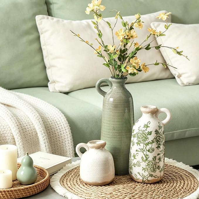 Vintage Vase Set of 3 with Handle, Ceramic Vintage Rustic Vases Home Decor Farmhouse Decorative Vase Pottery Decor Modern for Table Mantel Entryway Bookshelf Living Room Kitchen Bedroom - Green