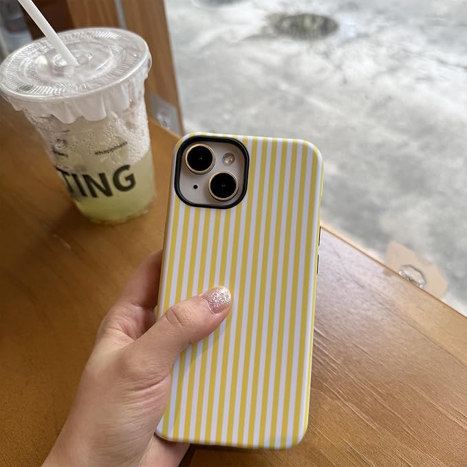 for iPhone 15 Plus/14 Plus Case Striped Cute Aesthetics Phone Case Trendy Protective Shockproof Cover for iPhone 15 Plus/14 Plus Yellow White