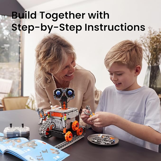 Sillbird Robot Building Kit with Remote Control STEM Gifts for Boys 8-13 | Coding Bot, Educational Birthday Presents, App-Controlled, Buildable 5in1 Models, Rechargeable Orange Robotic Set, 488 Pieces