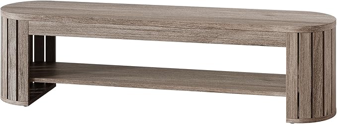 Tribesigns 63" Wooden Entryway Bench with Shoe Storage, Long 2-Tier Narrow Shoe Bench with Arc Vertical Slat Splicing Legs, End of Bed Stool for Bedroom, Entrance, Living Room (Beige Gray)