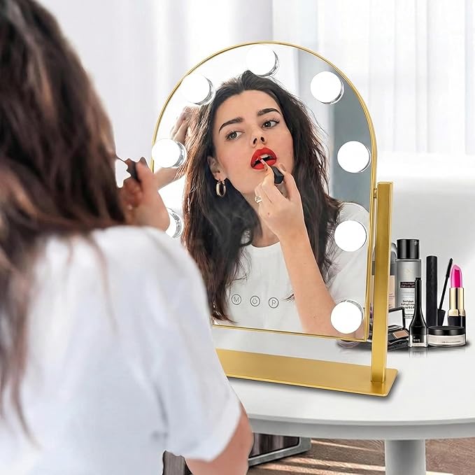 Arched Makeup Vanity Mirror with Lights 14.17"x 11.81" LED Makeup Mirror Detachable 10X Magnification, Hollywood Make Up Mirror with Lighting, Smart Touch, Rechargeable,360° Rotation, (Gold)