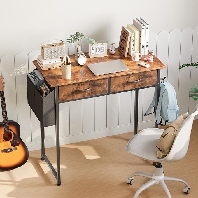 DUMOS 32-Inch Small Computer Desk with Drawers, Hook and Side Bag, Brown | Home Office Desk for Bedroom, Gaming Writing Study Desk with Adjustable Feet
