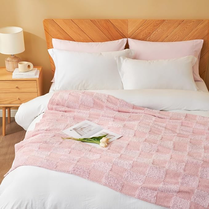 Snuggle Sac Faux Fur Pink Checkered Blanket Twin Size with Soft Knitted Microfiber Fabric,Cozy Soft Warm Blanket for Sofa Bedroom Living Room,Solid Pink,60x80 inches