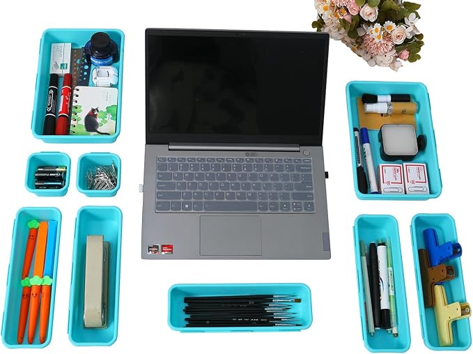 Kutesna 15PCS Interlocking Drawer Organizer, Plastic Desk Organizer Set | 3-Size Versatile Storage Bins,BPA-free,Non-slip, Fits Any Drawer for Cosmetics,Bathroom, Tools,Kitchen and Office(Blue&Green)