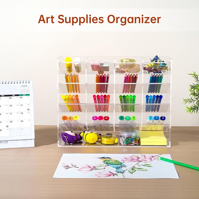 BEYGORM Acrylic Vertical Marker Organizer for 200 Markers, Desk Orgaizer | 17 Compartments Clear Angled Pen & Pencil Holder, Large Stationery & Art Supply Storage for School (13 x 10.2 x 4 Inch)