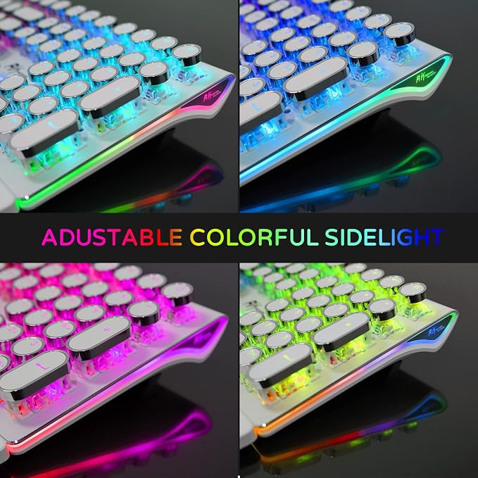 RK ROYAL KLUDGE S108 Typewriter Gaming Keyboard, Retro RGB Mechanical Keyboard, Full Size Wired Keyboards with Number Pad and Detachable Wrist Rest, Round Keycaps, Clicky Blue Switches White