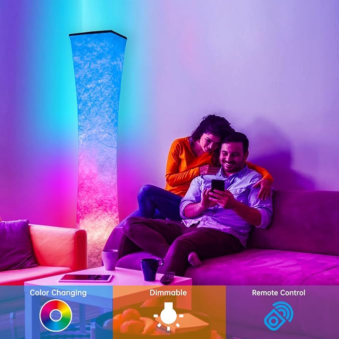 WORLD WIN Floor Lamp, 61'' Smart RGB LED Corner Lamp with Music Sync and 16 Million DIY Colors, 3 Color Temperature, APP & Remote Control, Color Changing Standing Floor Lamp with Stand