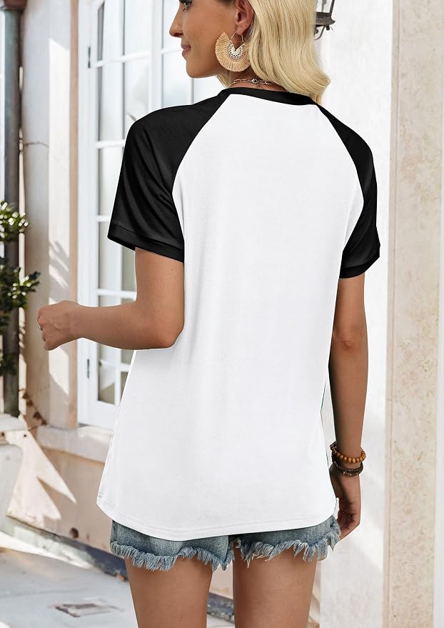 WIHOLL Womens Summer Tops Color Block Short Sleeve Raglan Shirts Spring Fashion Clothes Vacation Outfits