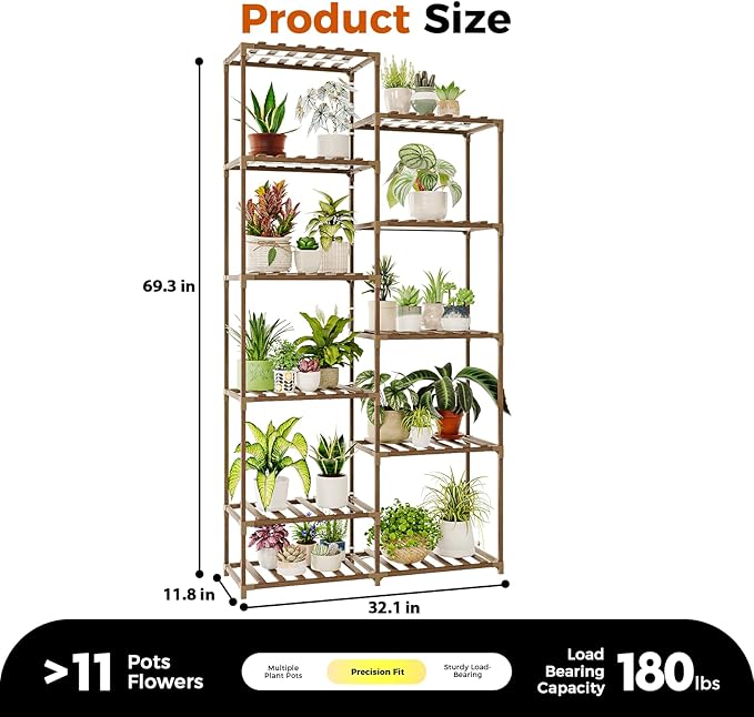 Bamworld Tall Plant Stand with Grow Lights Large Indoor Plant Shelf for Multiple Plants Pots Wood Flower Stand Flower Holder for Living Room, Patio, Balcony, Garden Decor, Brown