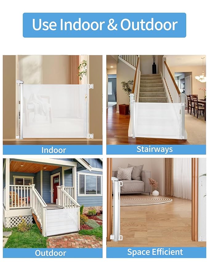 Retractable Baby Gate for Doorways and Stairs, Mesh Safety Gate for Pet, Indoor & Outdoor Use, One-Hand Operation, Easy Installation, 33.6" Tall, Expands to 55" Wide(White,33.6"x55"