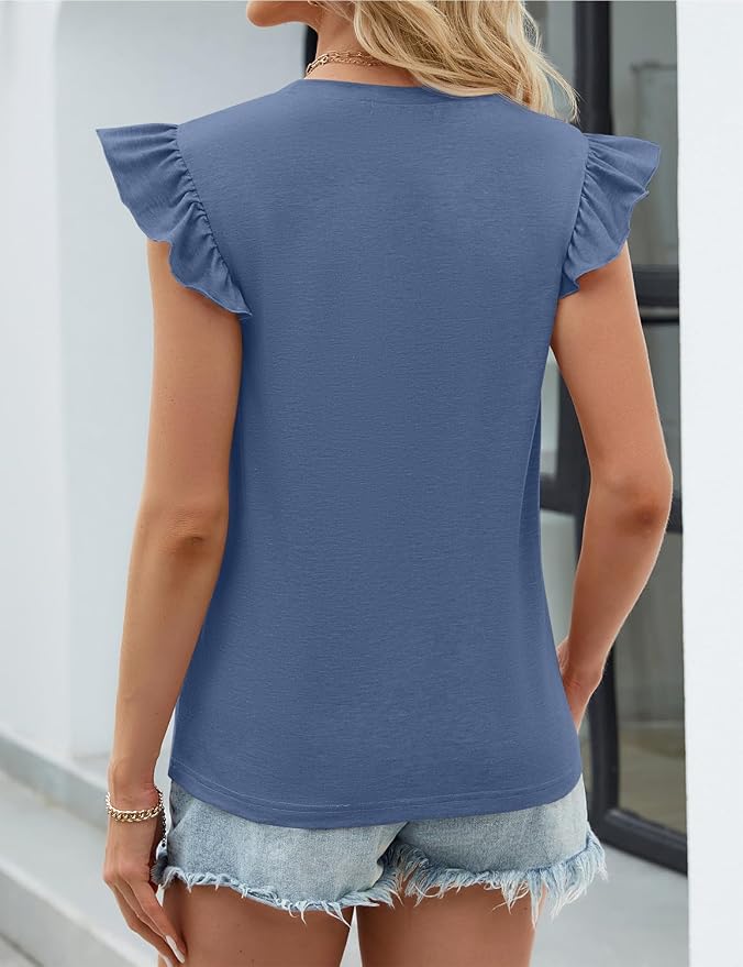JUSTFASHIONNOW Womens Summer Tops Striped T-Shirts 2026 Ruffle Short Sleeve Crew Neck Casual Blouses with Pocket