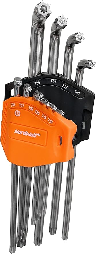 NordWolf 10-Piece Torx Wrench Set, S2 Steel Long Arm Security Star Keys, Sizes T10 to T55